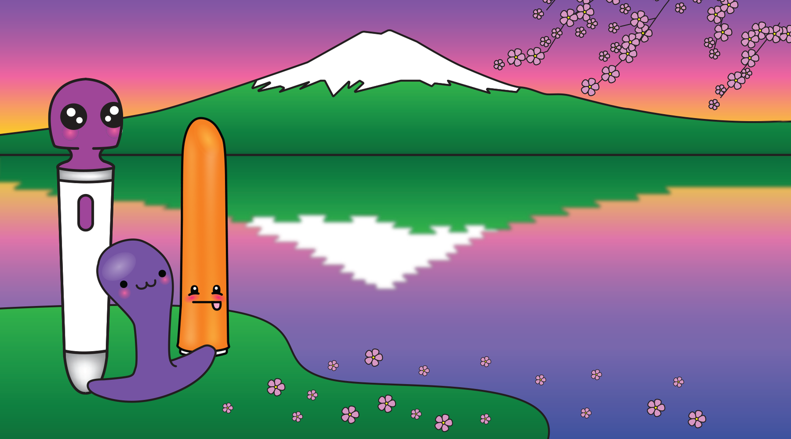 Nikki Darling Mascots with cherry blossom petals looking at a snow-peaked mountain at sunset | Nikki Darling Australia